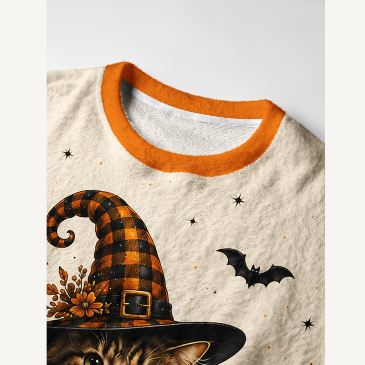Cozy Plaid Halloween Witch Cat Fuzzy Crewneck Sweater