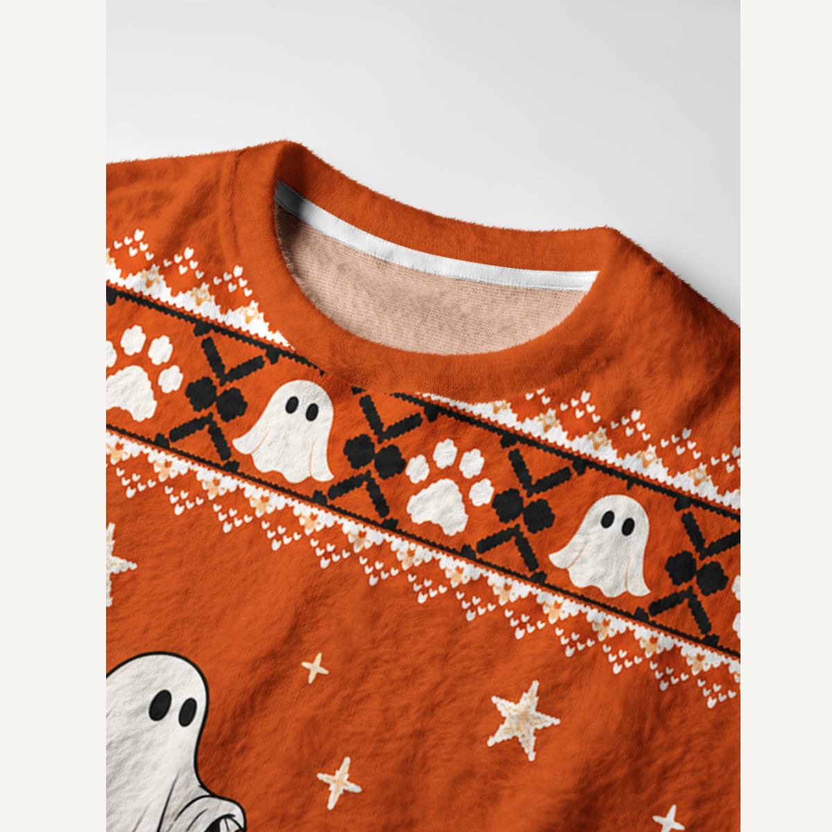 Halloween Ghost Walking Dog Bee Fuzzy Crewneck Sweater