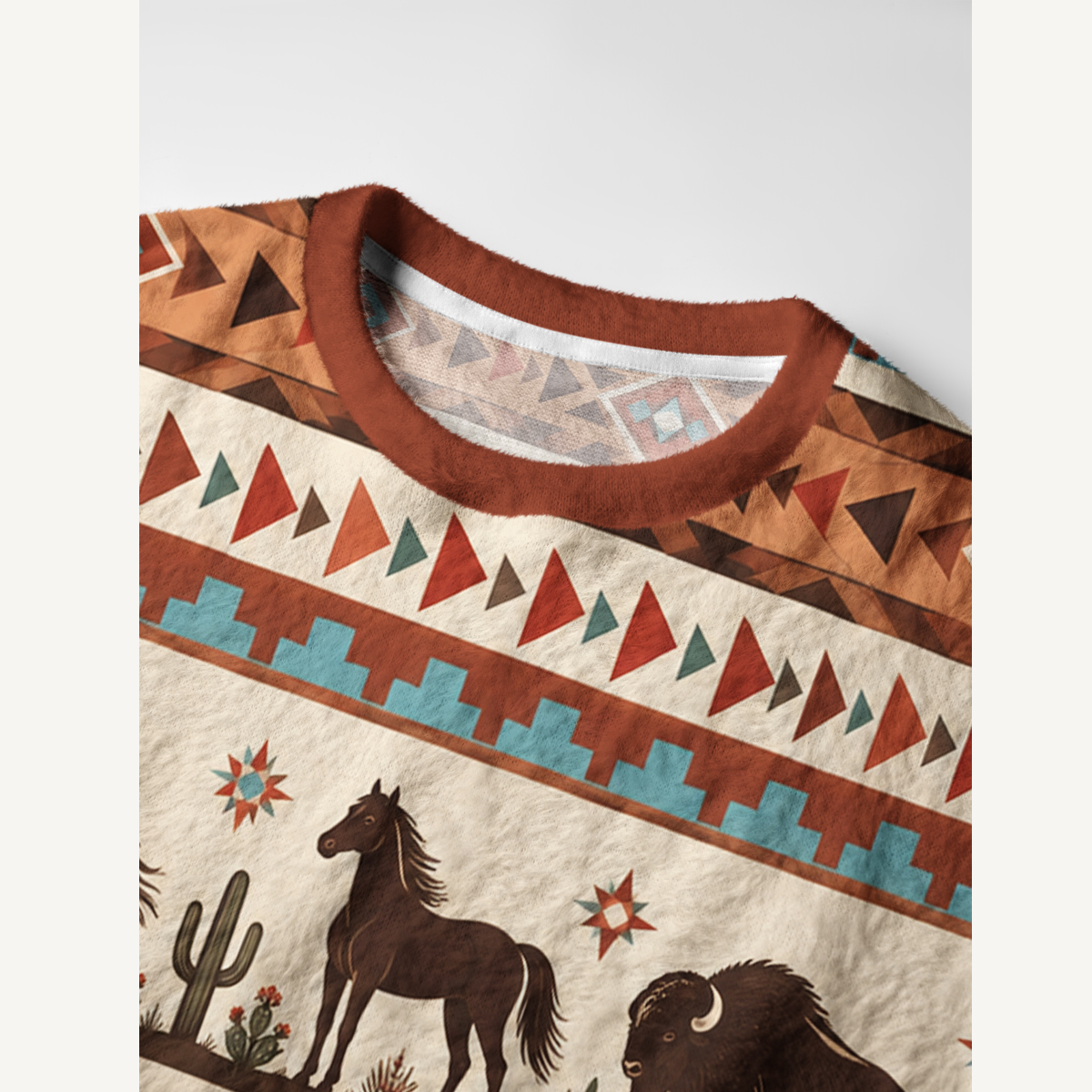 Western Cowboy Horse & Bison Fuzzy Crewneck Sweater