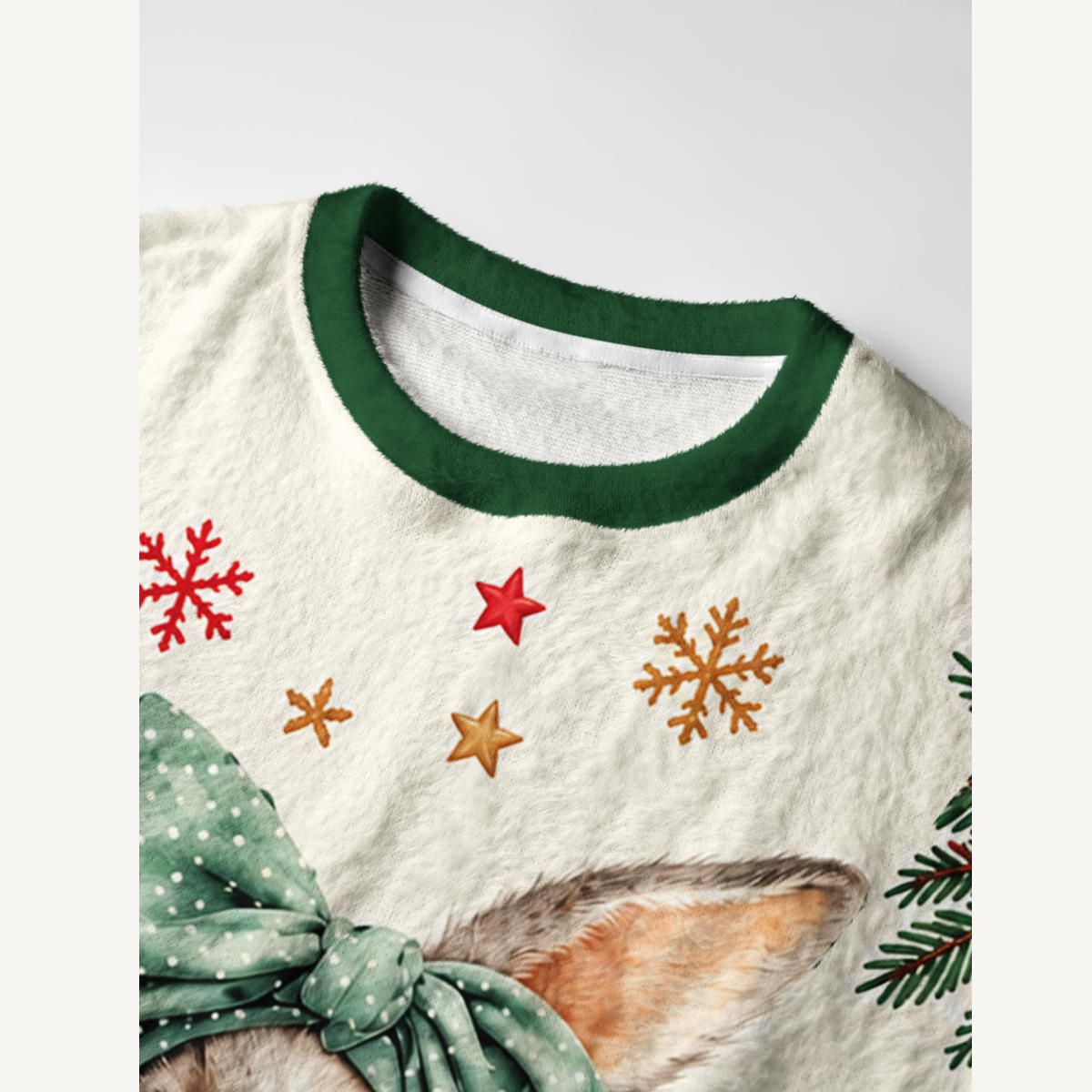 Christmas Bunny & Holly Fuzzy Crewneck Sweater