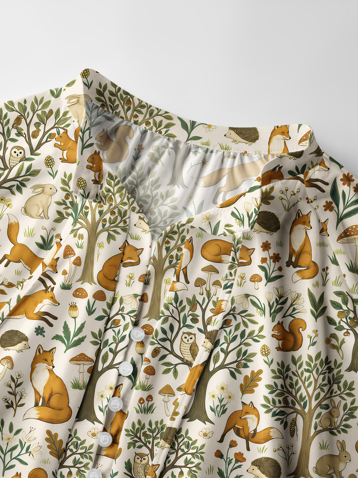 Woodland Creatures Print Boho Long Sleeve Tie‑Neck Blouse