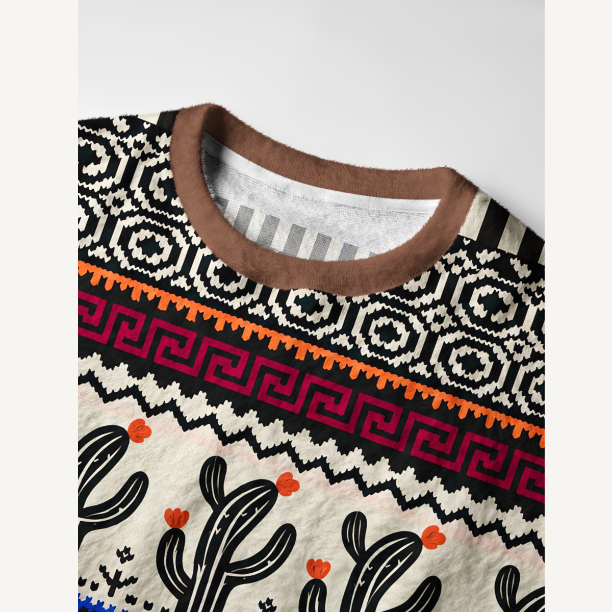Southwestern Folk Cactus & Moth Fuzzy Crewneck Sweater