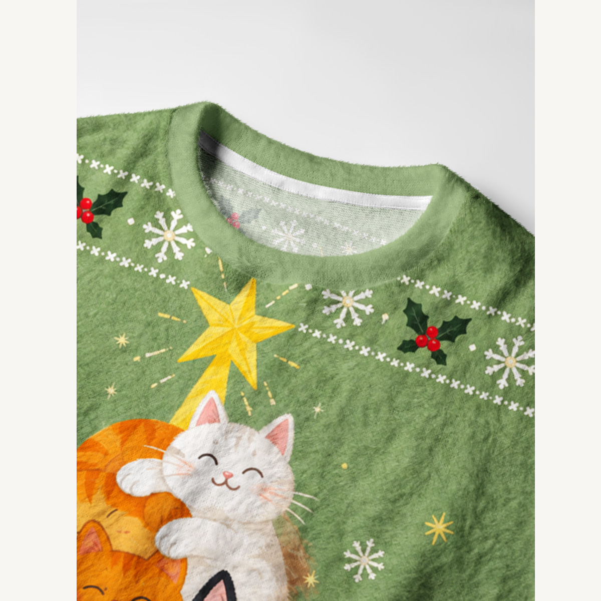 Jolly Cat Christmas Tree Fuzzy Crewneck Sweater