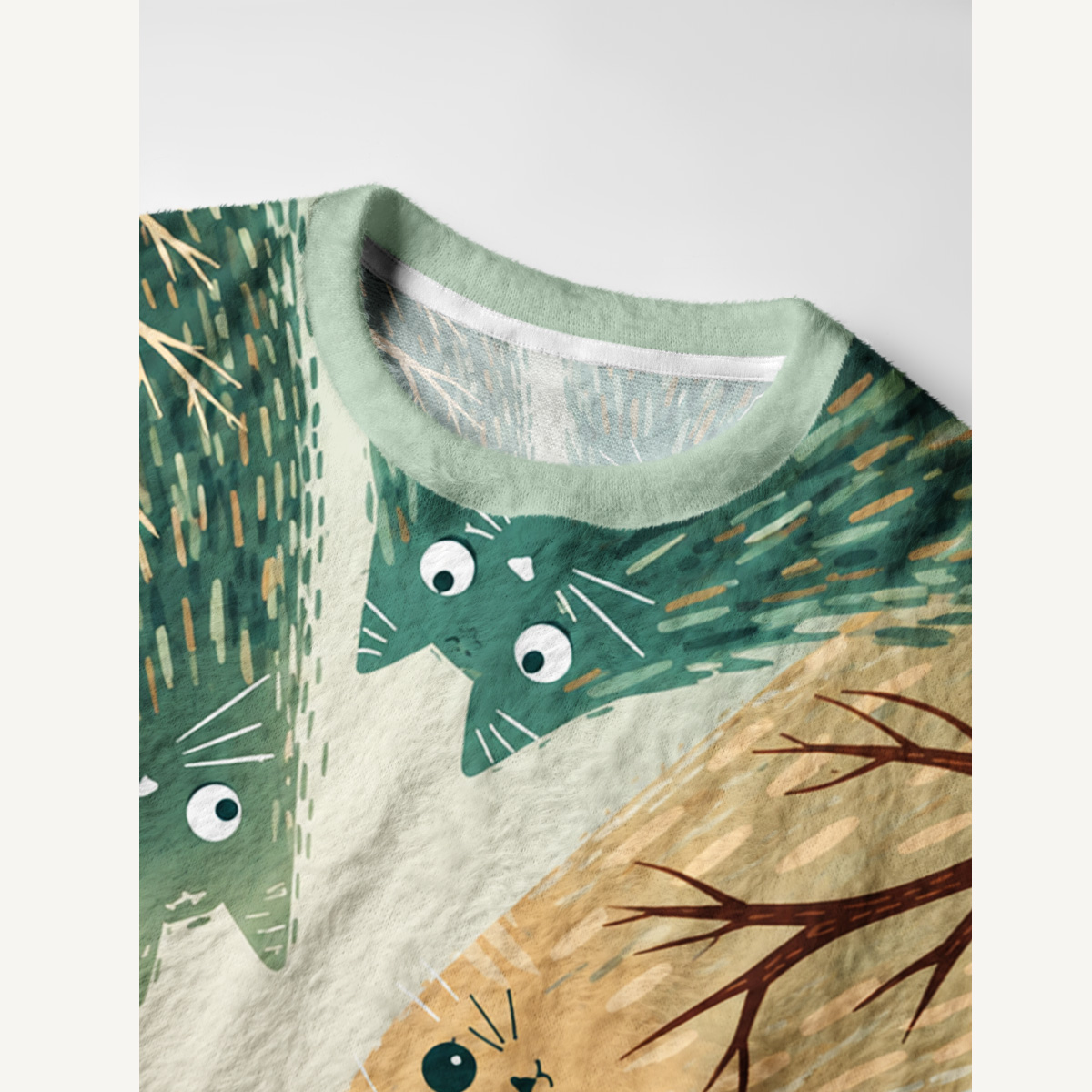 Whimsical Woodland Cats Fuzzy Crewneck Sweater