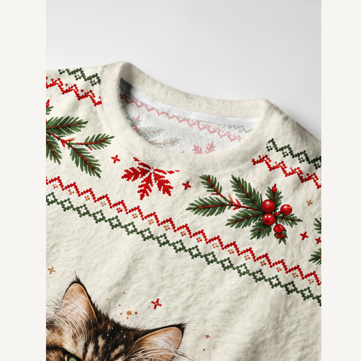 Charming Christmas Cat Fuzzy Crewneck Sweater