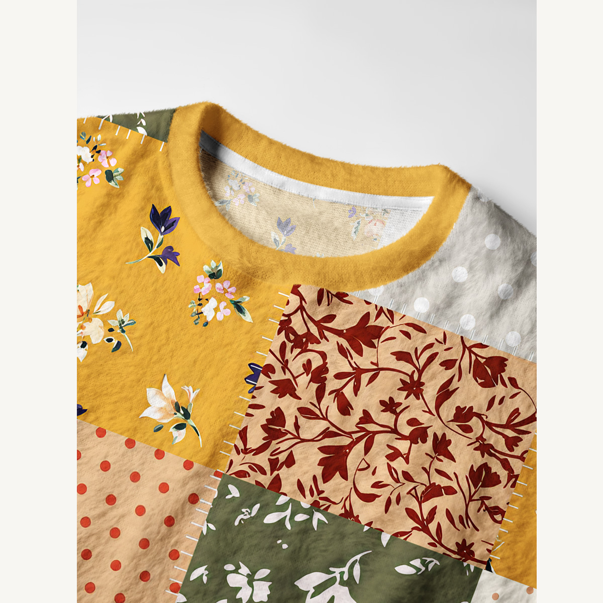 Rustic Floral Patchwork Fuzzy Crewneck Sweater