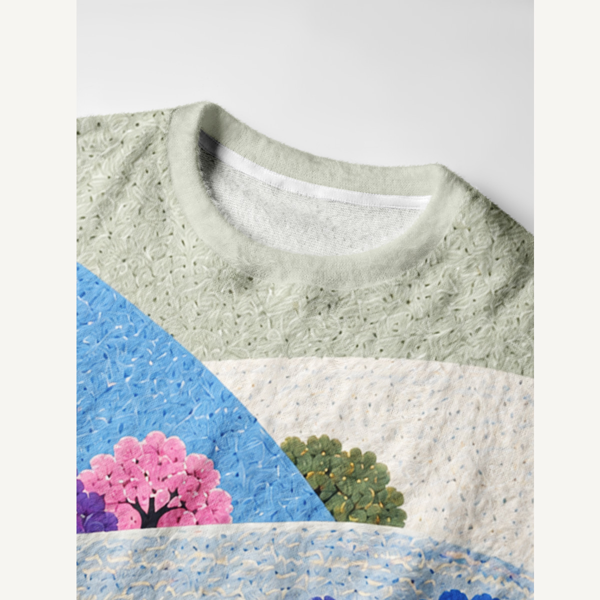 Pastoral Hillside Sheep Fuzzy Crewneck Sweater