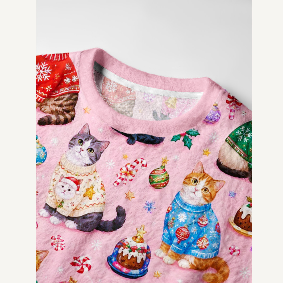 Christmas Sweater Cats Holiday Fuzzy Crewneck Sweater