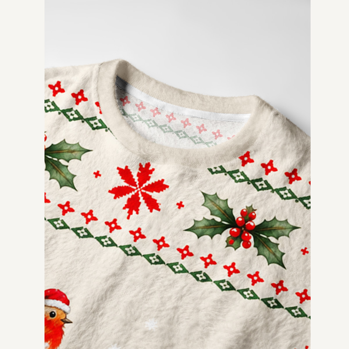 Christmas Robin & Bunny Fuzzy Crewneck Sweater