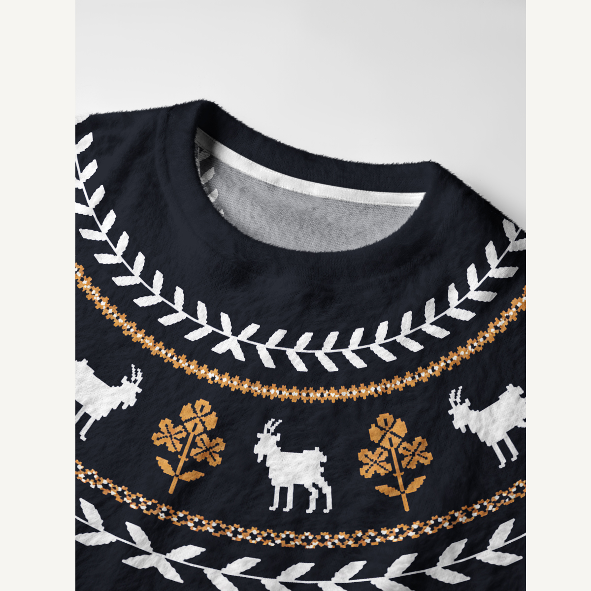 Nordic Woodland Goat & Leaf Fuzzy Crewneck Sweater
