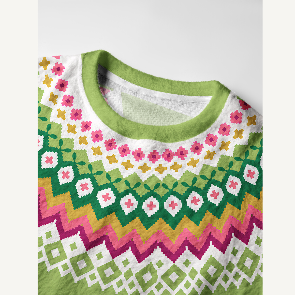 Spring Meadow Floral Geometric Fuzzy Crewneck Sweater