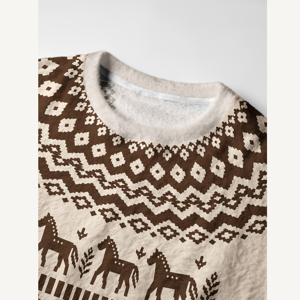 Rustic Equestrian Horse Fair Isle Fuzzy Crewneck Sweater