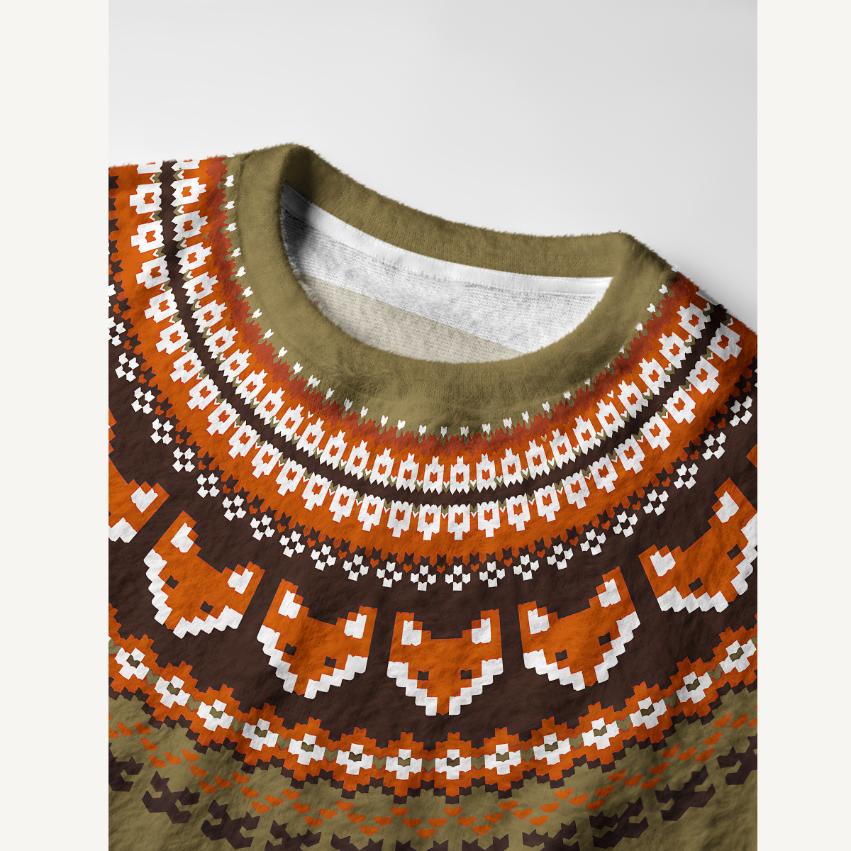 Autumn Fox Yoke Nordic-Inspired Fuzzy Crewneck Sweater