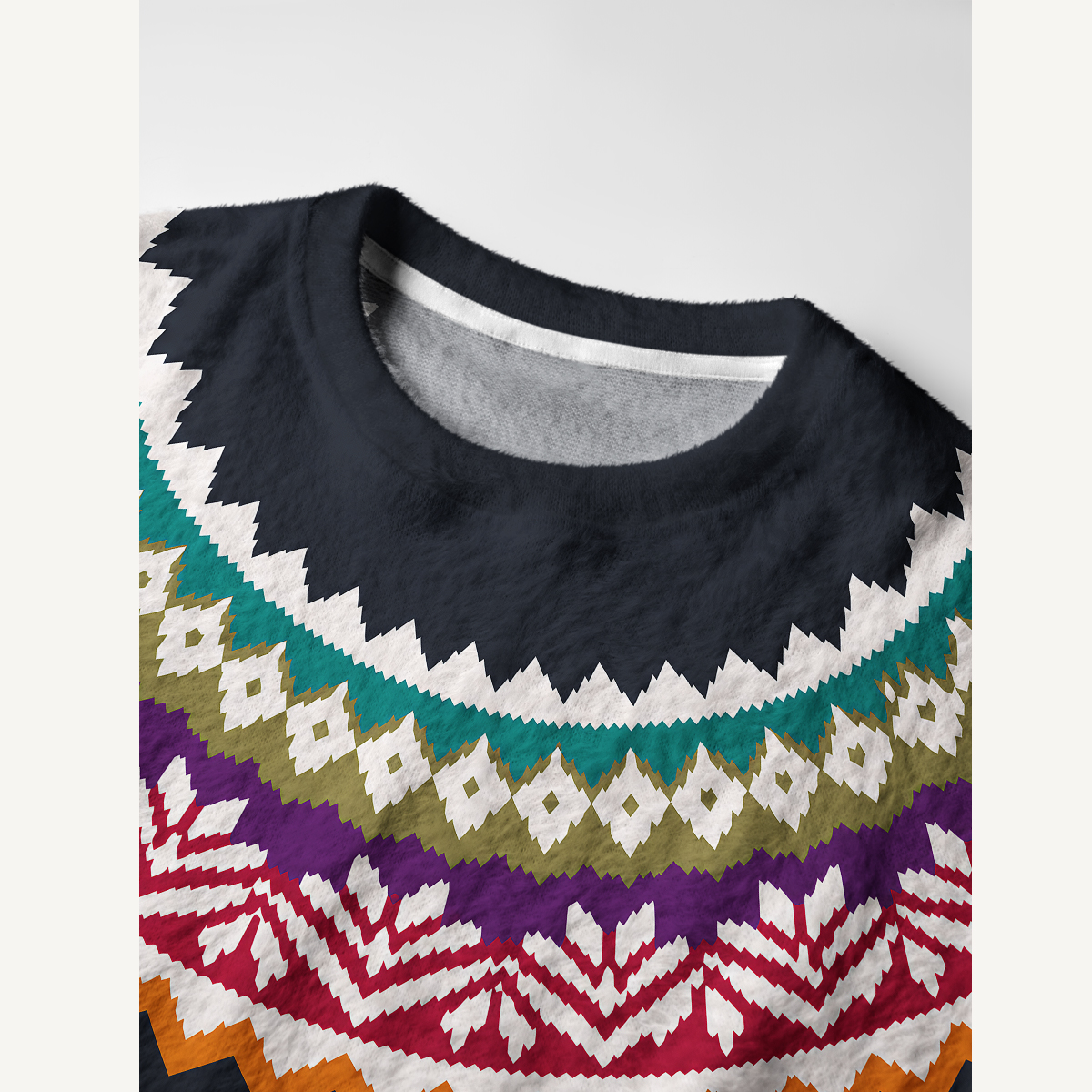 Colorful Nordic-Inspired Yoke Cozy Fuzzy Crewneck Sweater