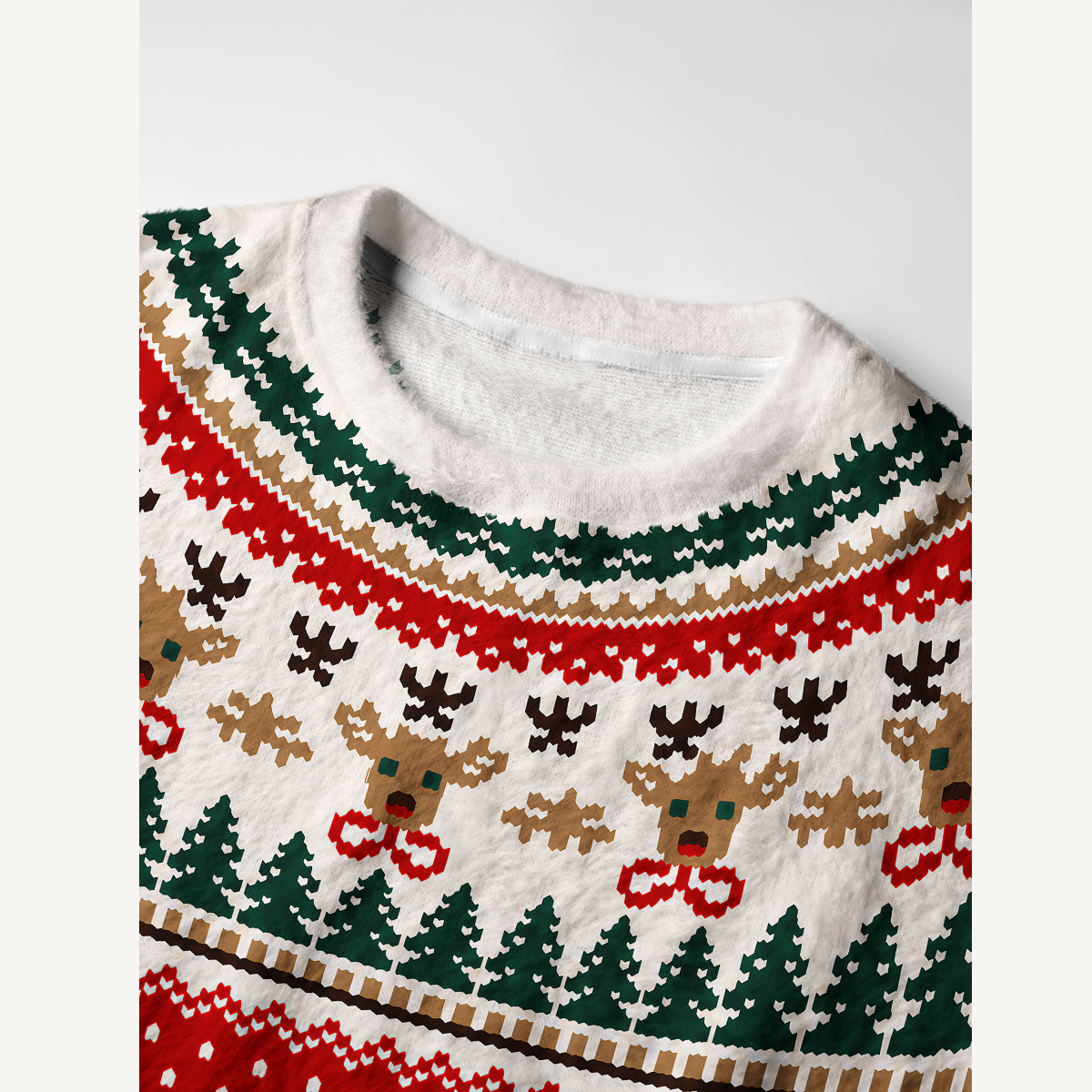 Christmas Reindeer & Pine Tree Fuzzy Crewneck Sweater