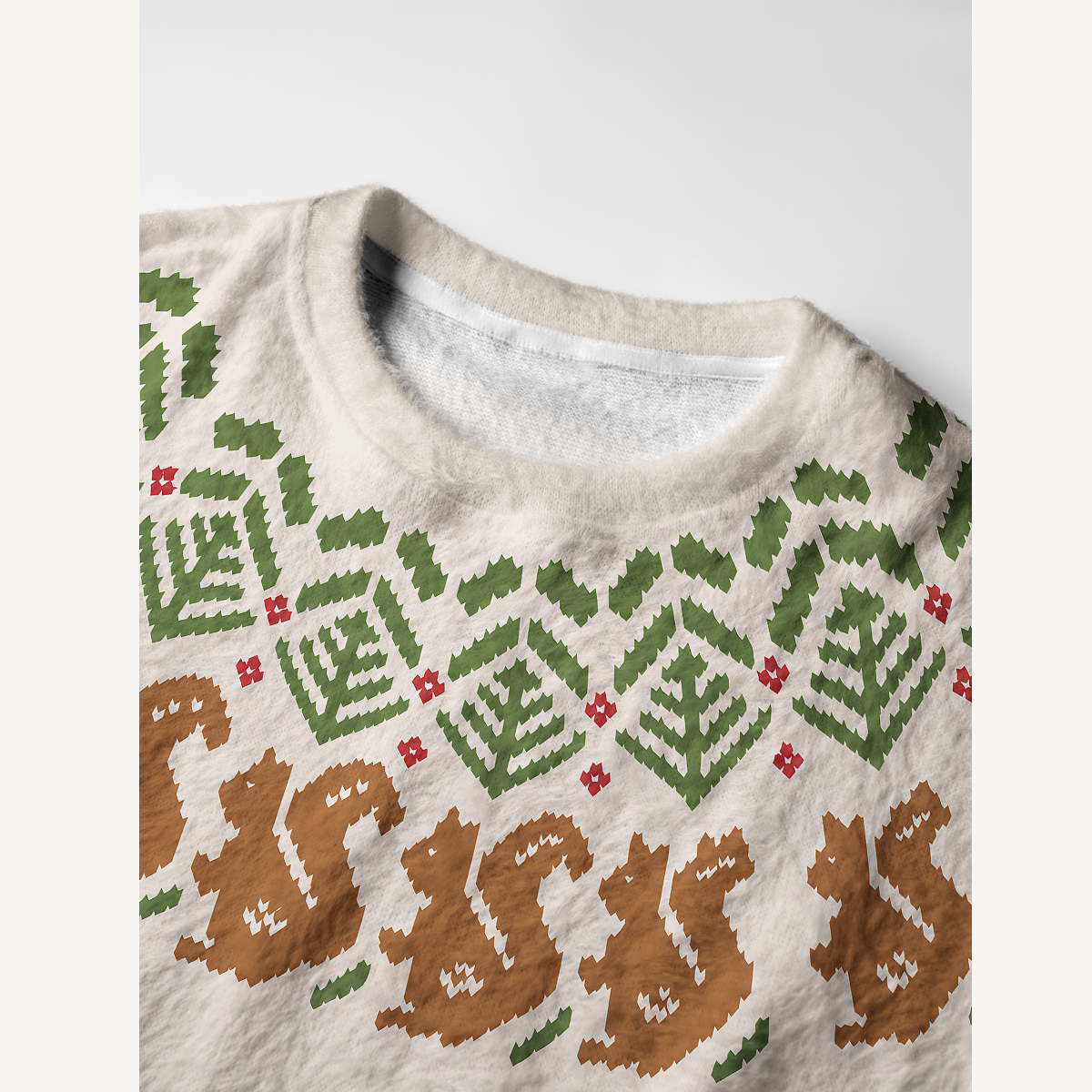 Rustic Squirrel & Forest Fuzzy Crewneck Sweater