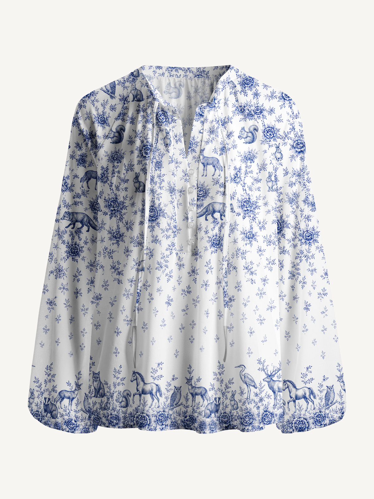 Delft Blue Woodland Story Print Boho Long Sleeve Tie‑Neck Blouse