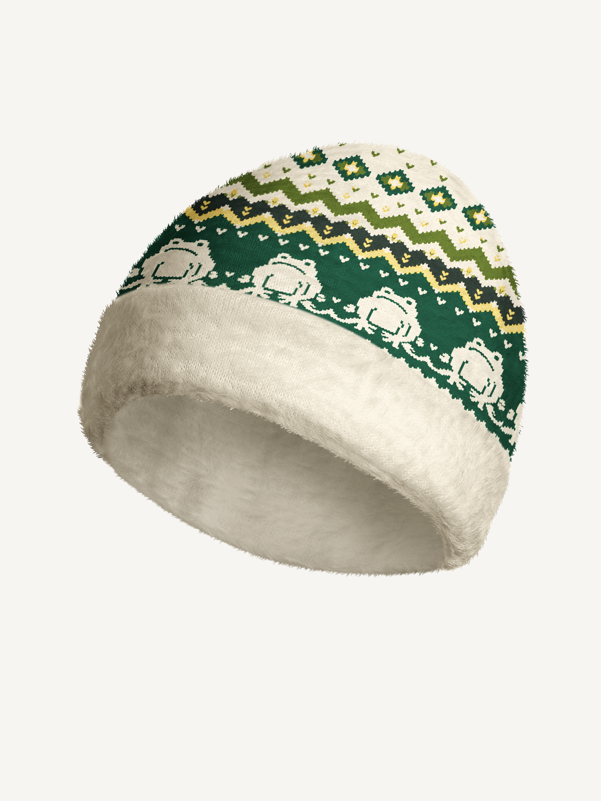 Vintage Frog Geometric Folk Cozy Fuzzy Beanie