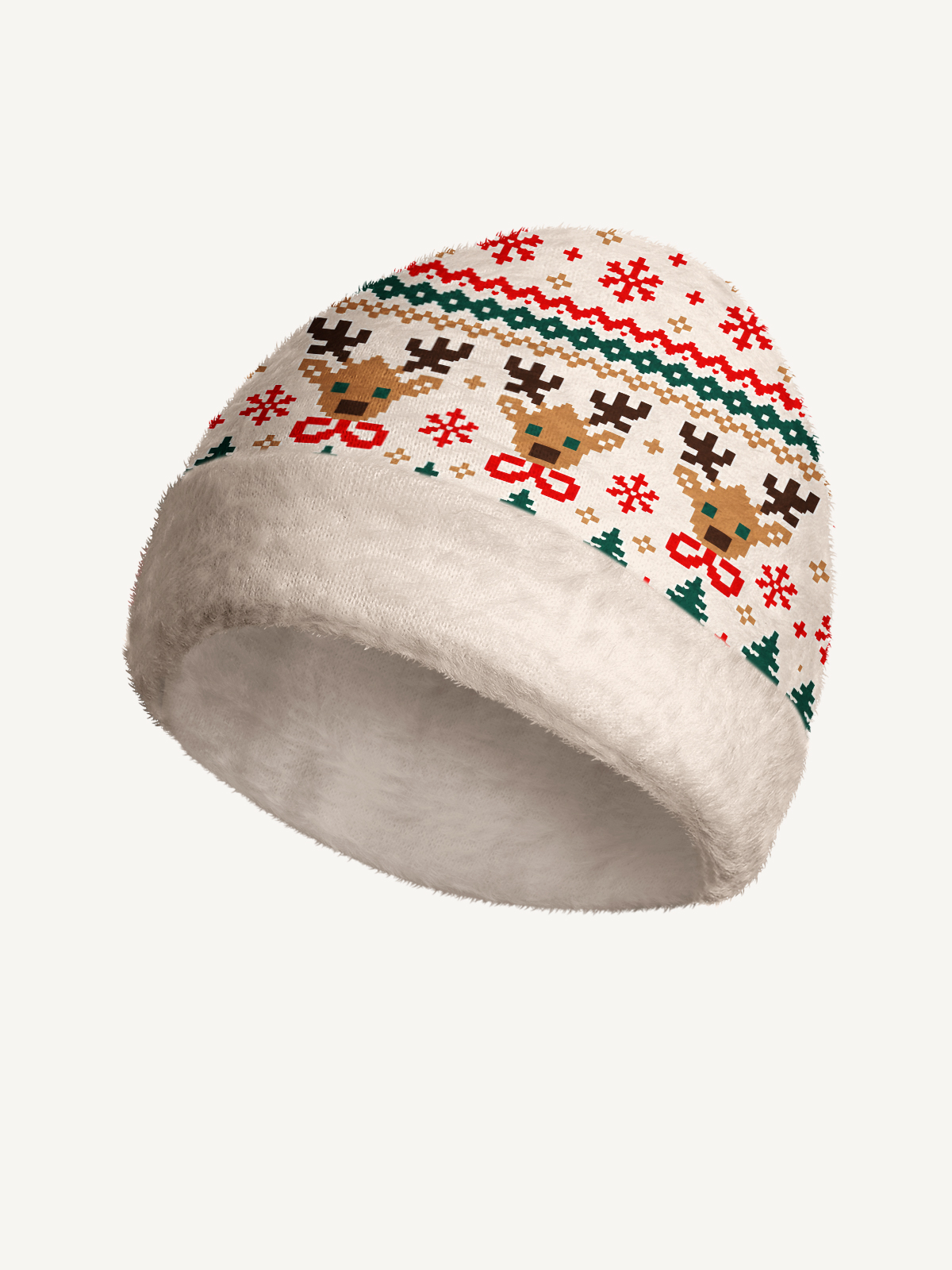 Christmas Reindeer & Pine Tree Cozy Fuzzy Beanie