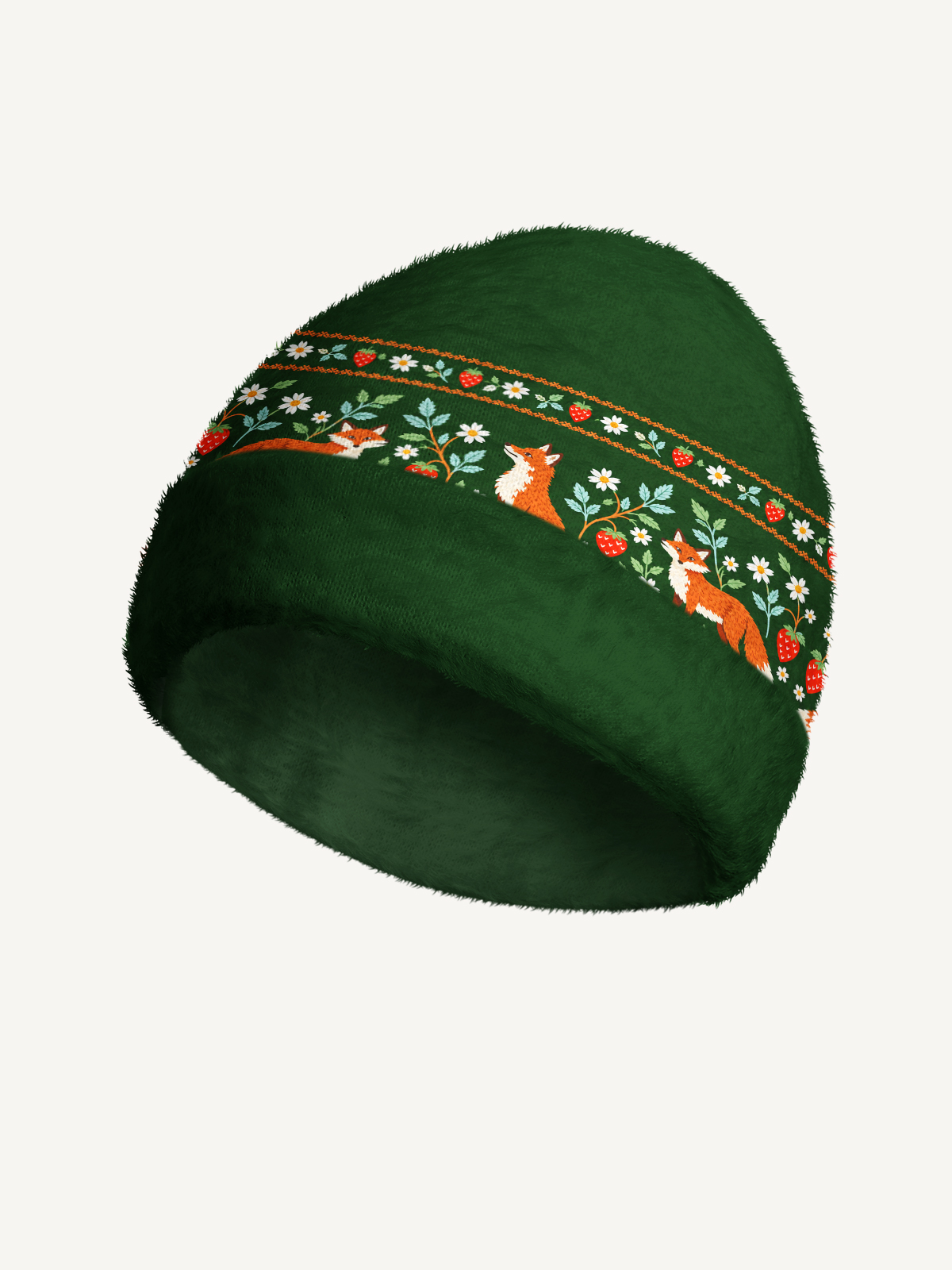 Whimsical Woodland Fox & Strawberry Cozy Fuzzy Beanie