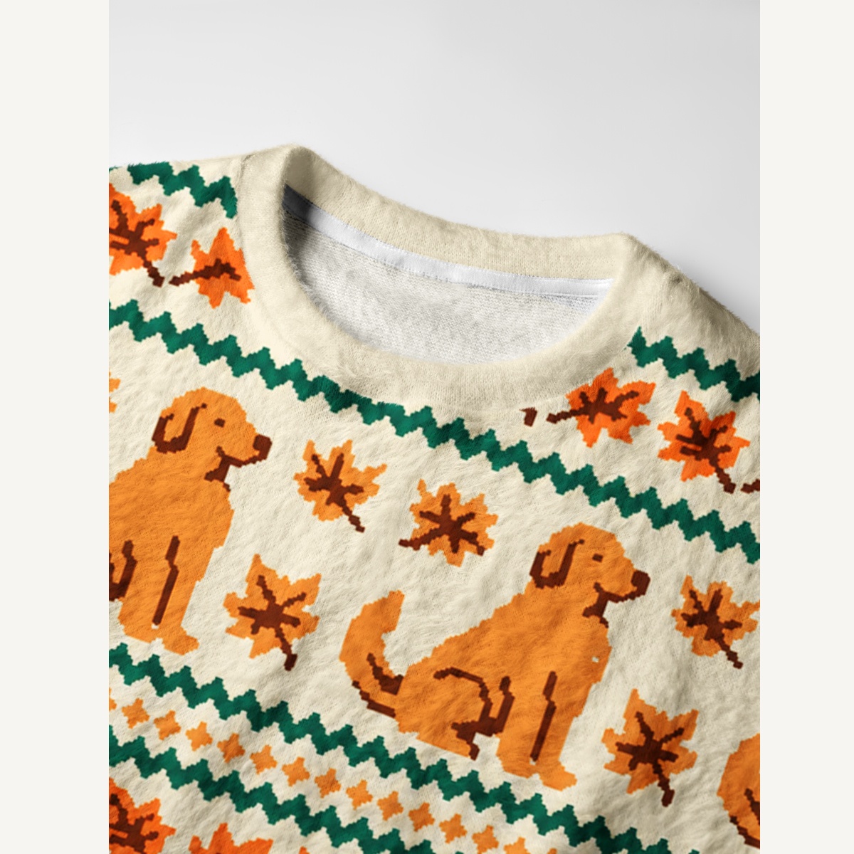 Autumn Dog & Falling Leaves Fuzzy Crewneck Sweater