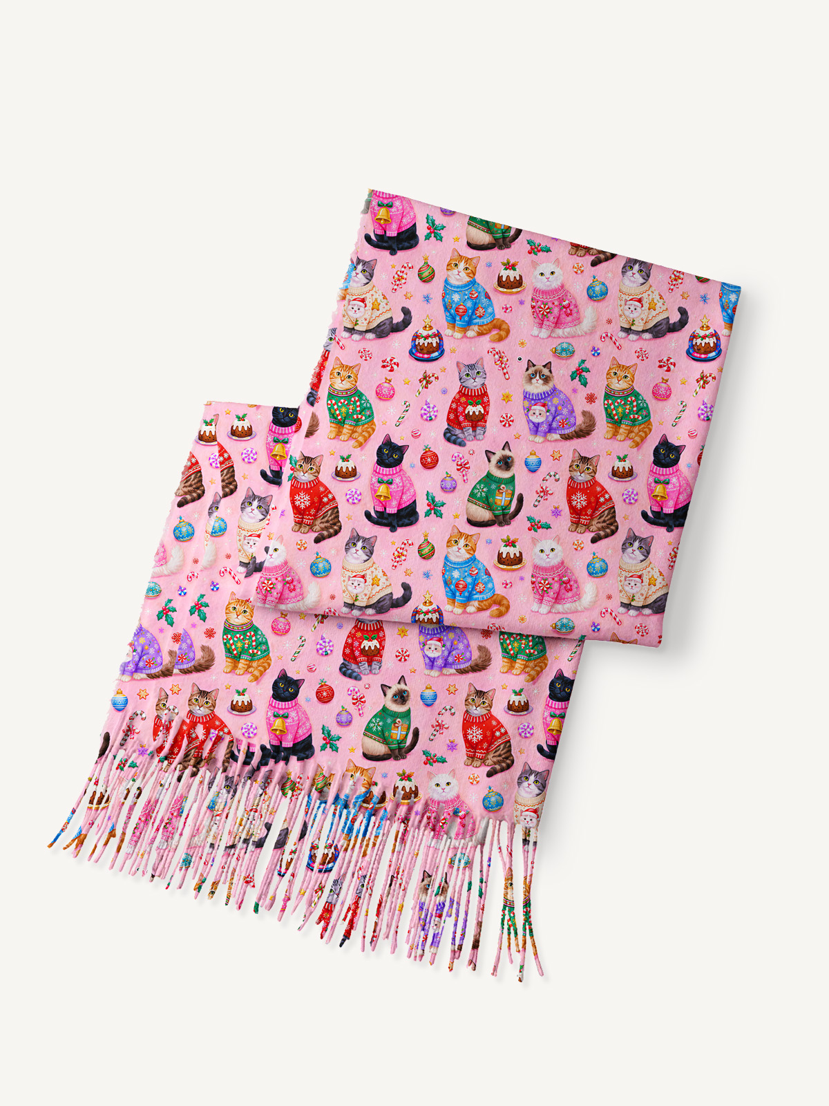 Christmas Sweater Cats Holiday Print Cozy Fringed Scarf