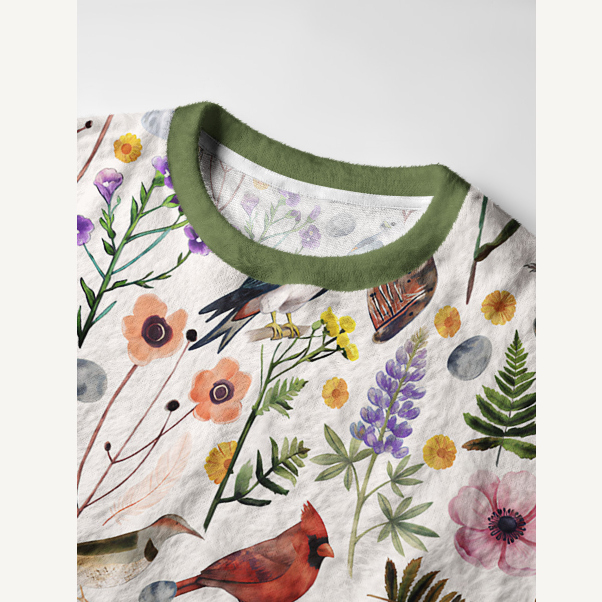 Whimsical Woodland Birds Wildflowers Fuzzy Crewneck Sweater
