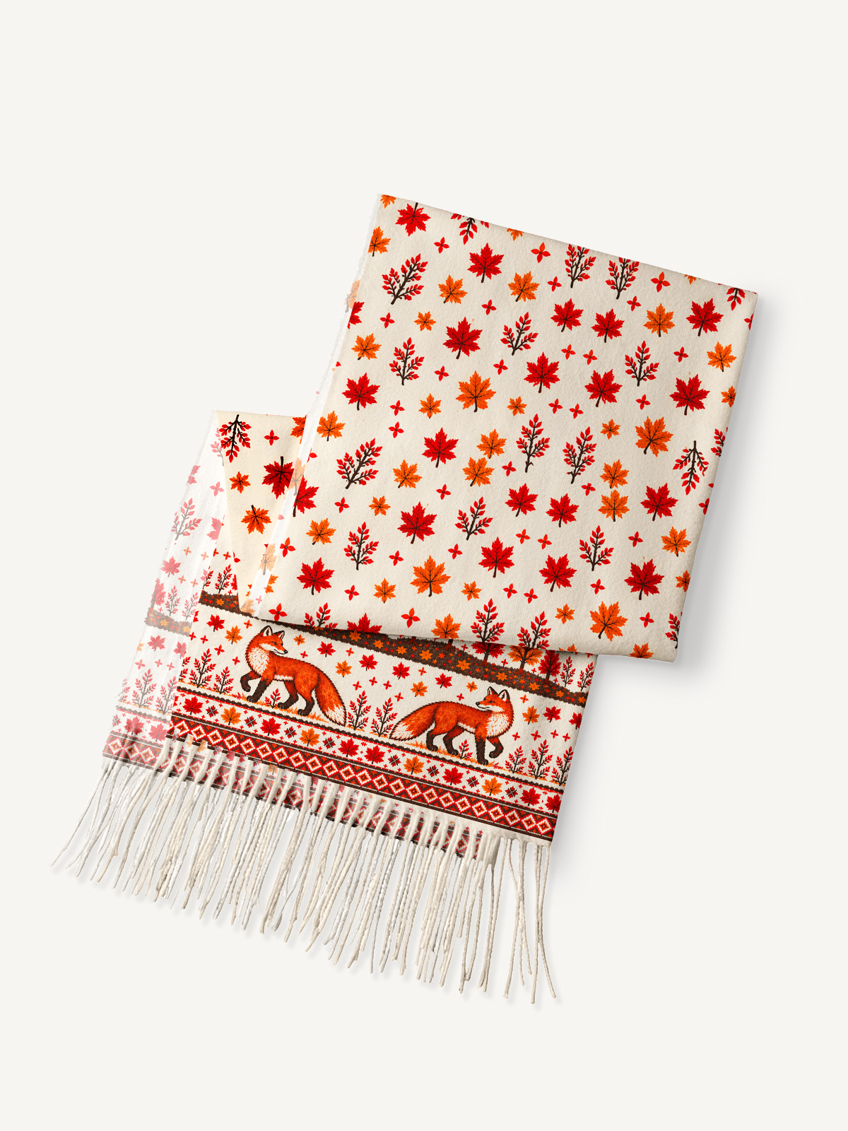 Autumn Forest Fox Print Cozy Fringed Scarf