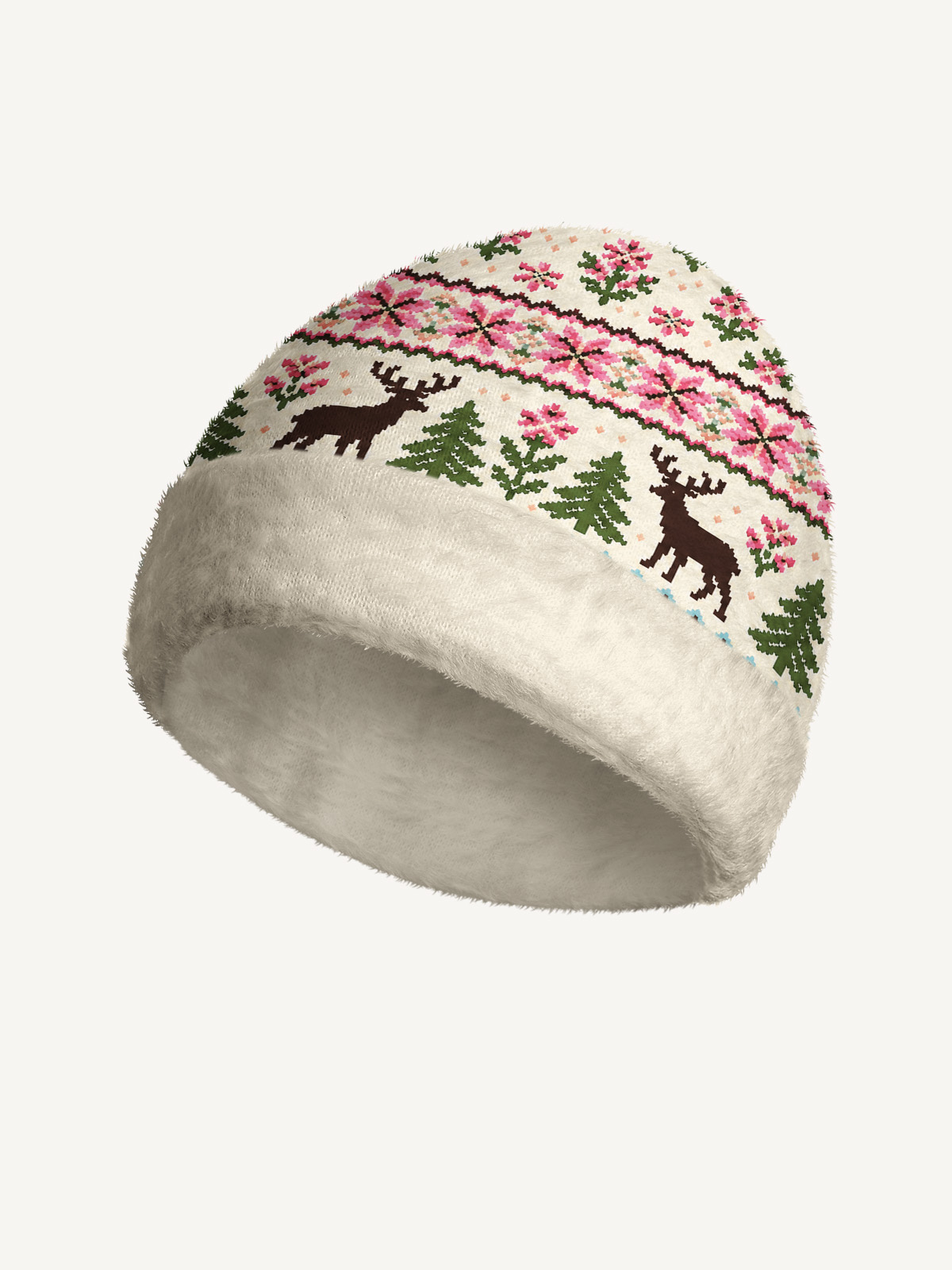 Woodland Deer Fair Isle Cozy Fuzzy Beanie