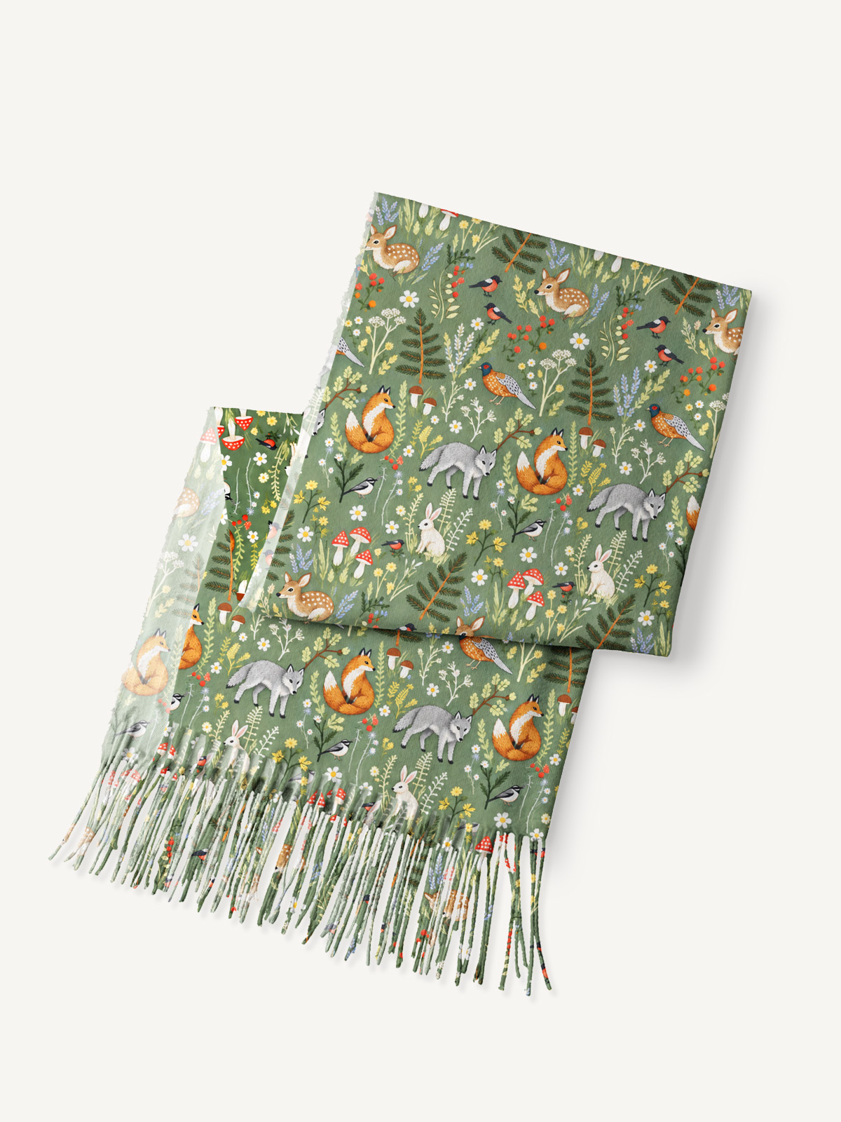 Whimsical Woodland Animals Print Cozy Fringed Scarf