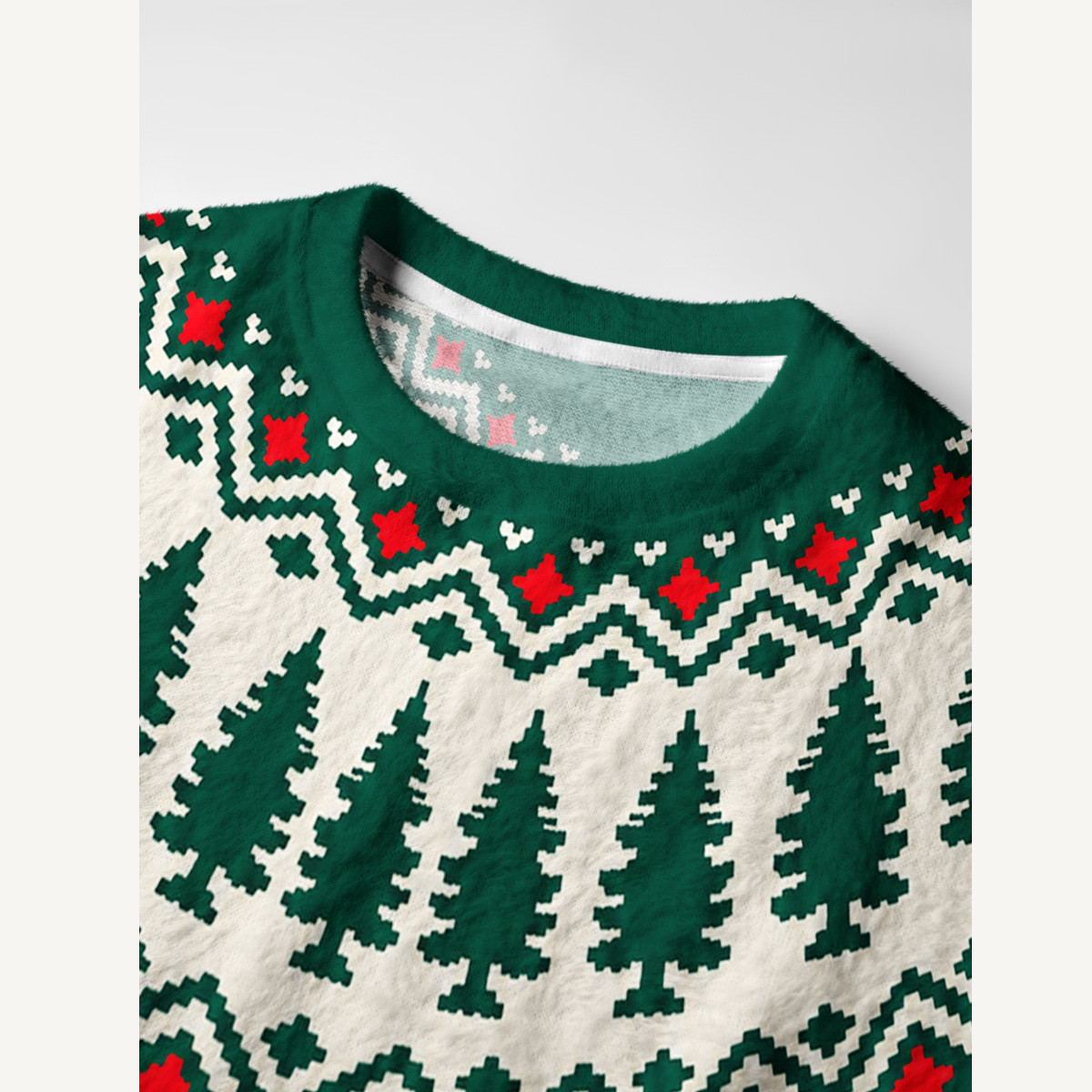Winter Pine Forest Fair Isle Fuzzy Crewneck Sweater