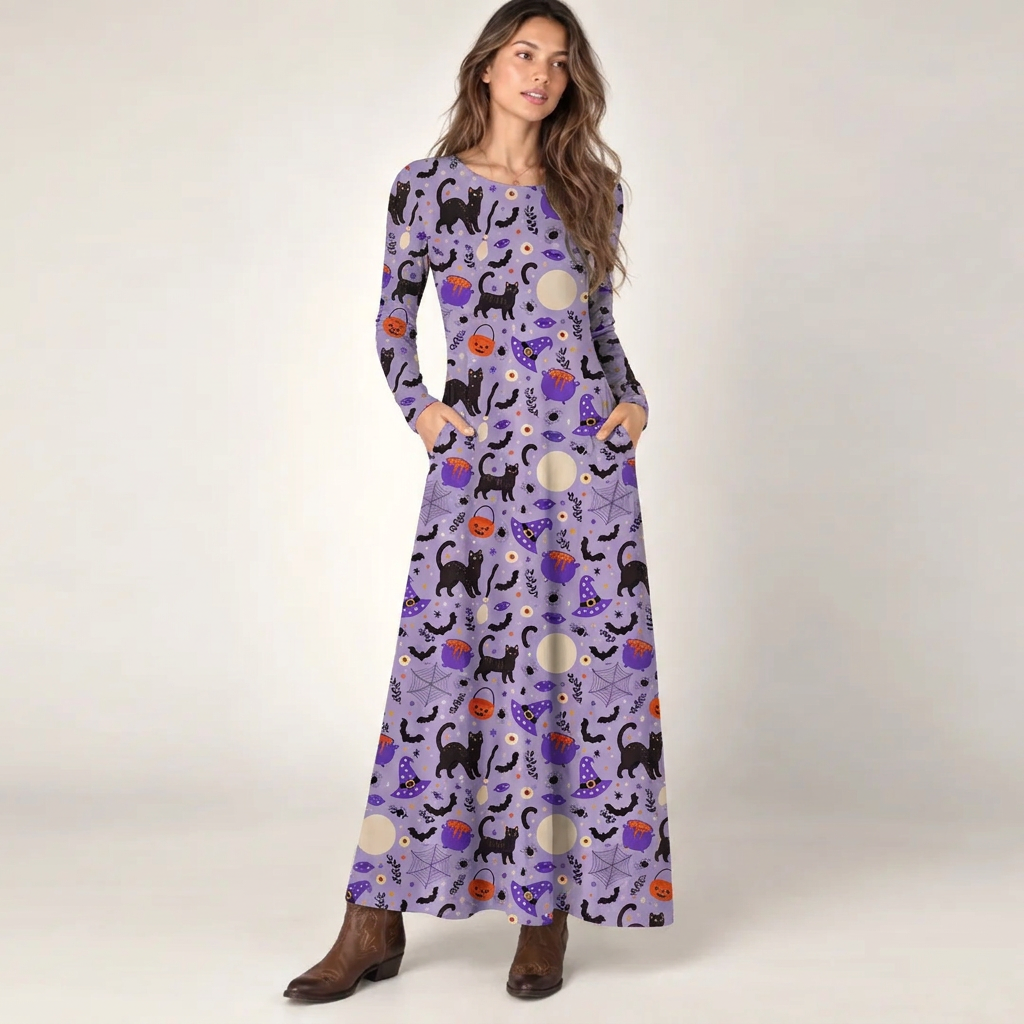 Moonlit Whiskers Print Soft-Touch Stretch Knit Long Sleeve Maxi Dress with Pockets