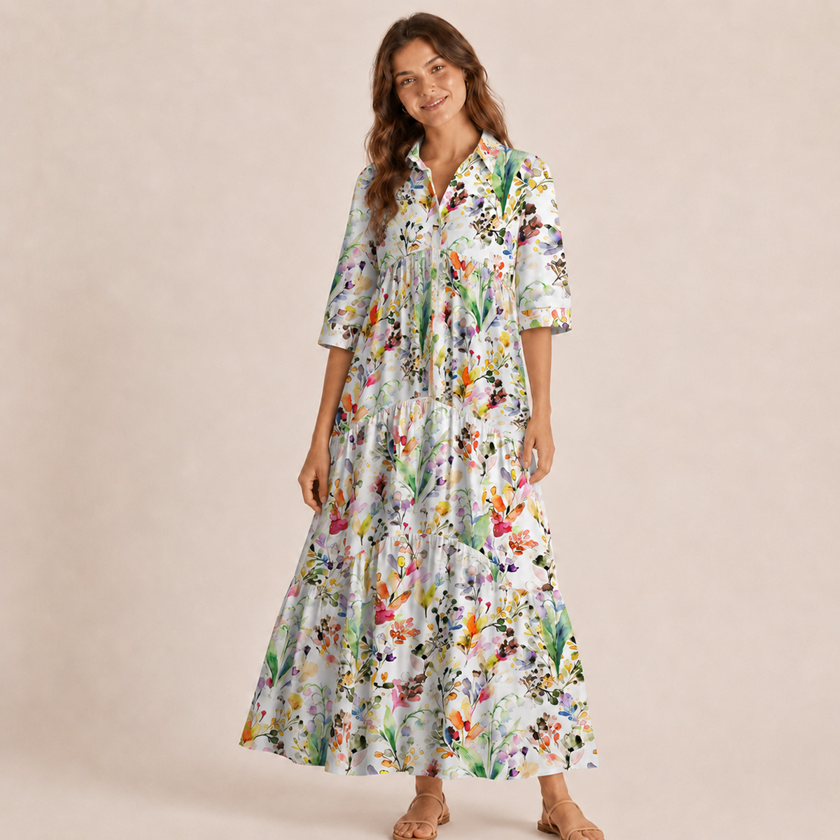 Watercolor Wildflower Garden Print Casual Midi Dress With Pockets