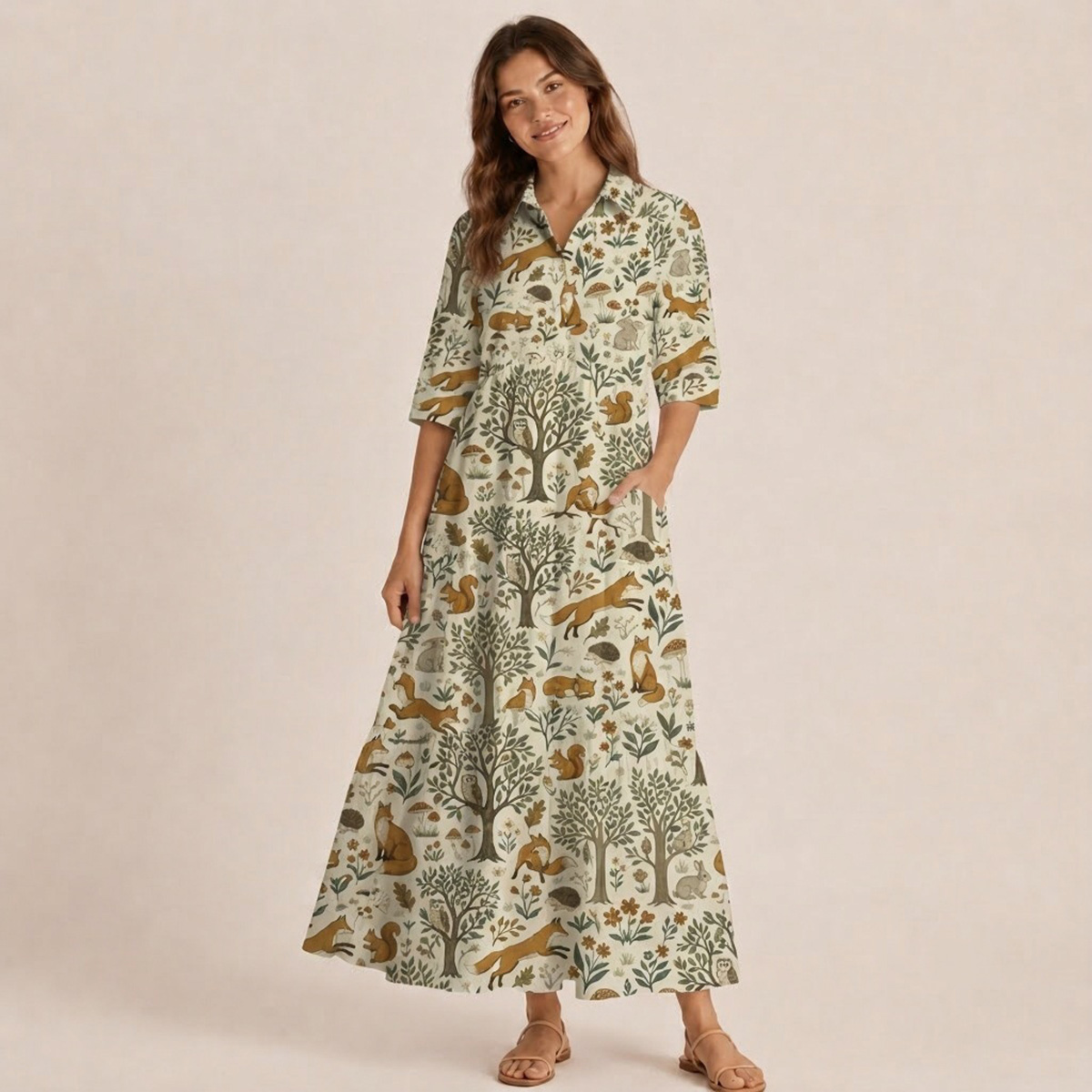 Woodland Creatures Print Casual Midi Dress With Pockets