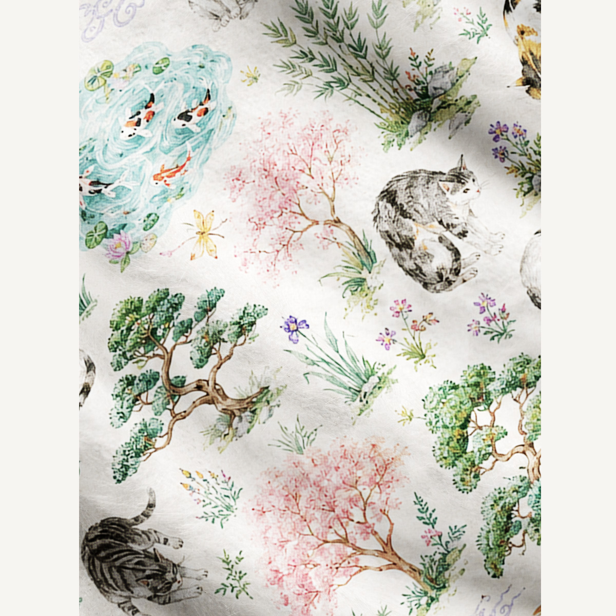 Cats in a Tranquil Garden Pond Scene Print Ugly Cardigan Sweaters