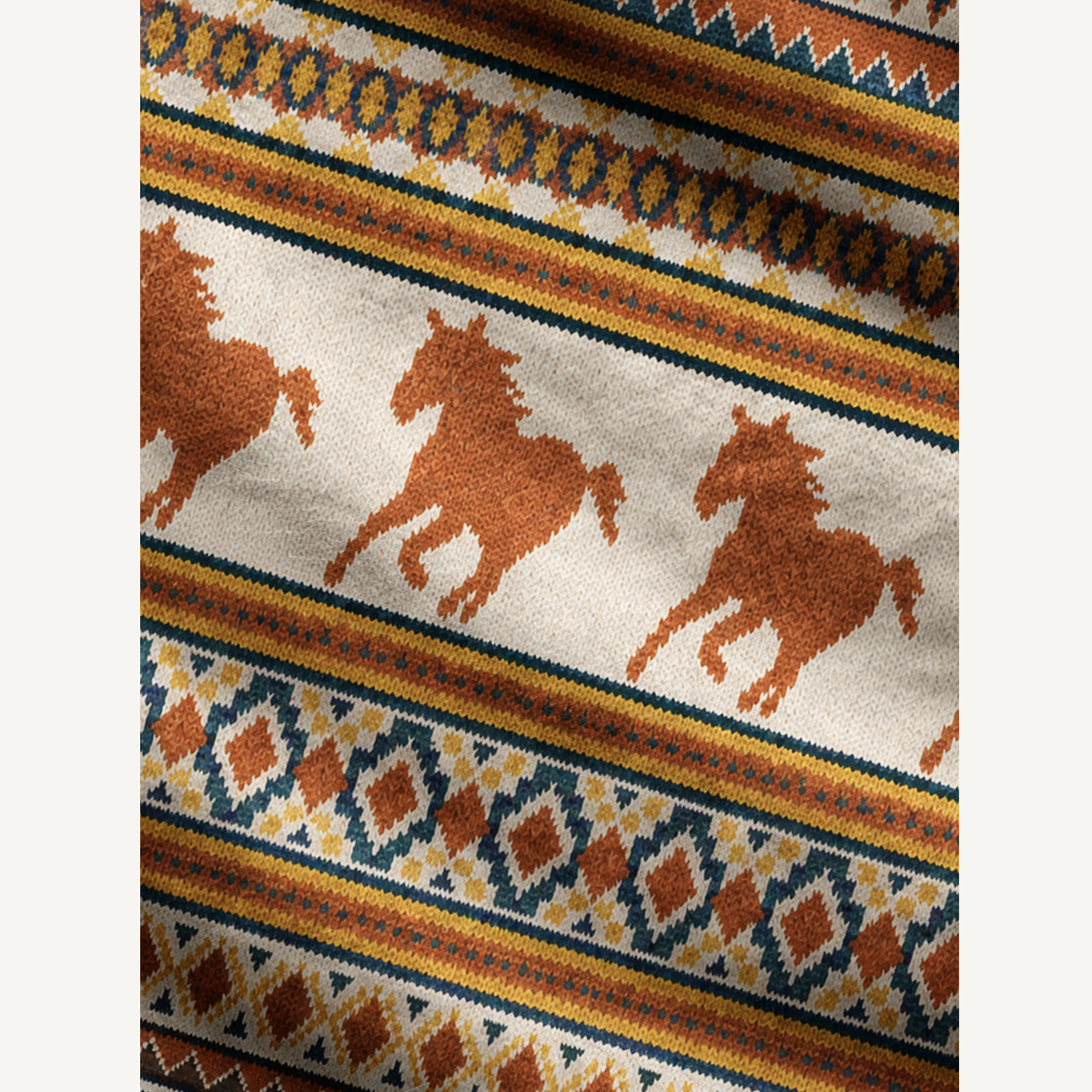 Running Horses Geometric Pattern Fuzzy Crewneck Sweater