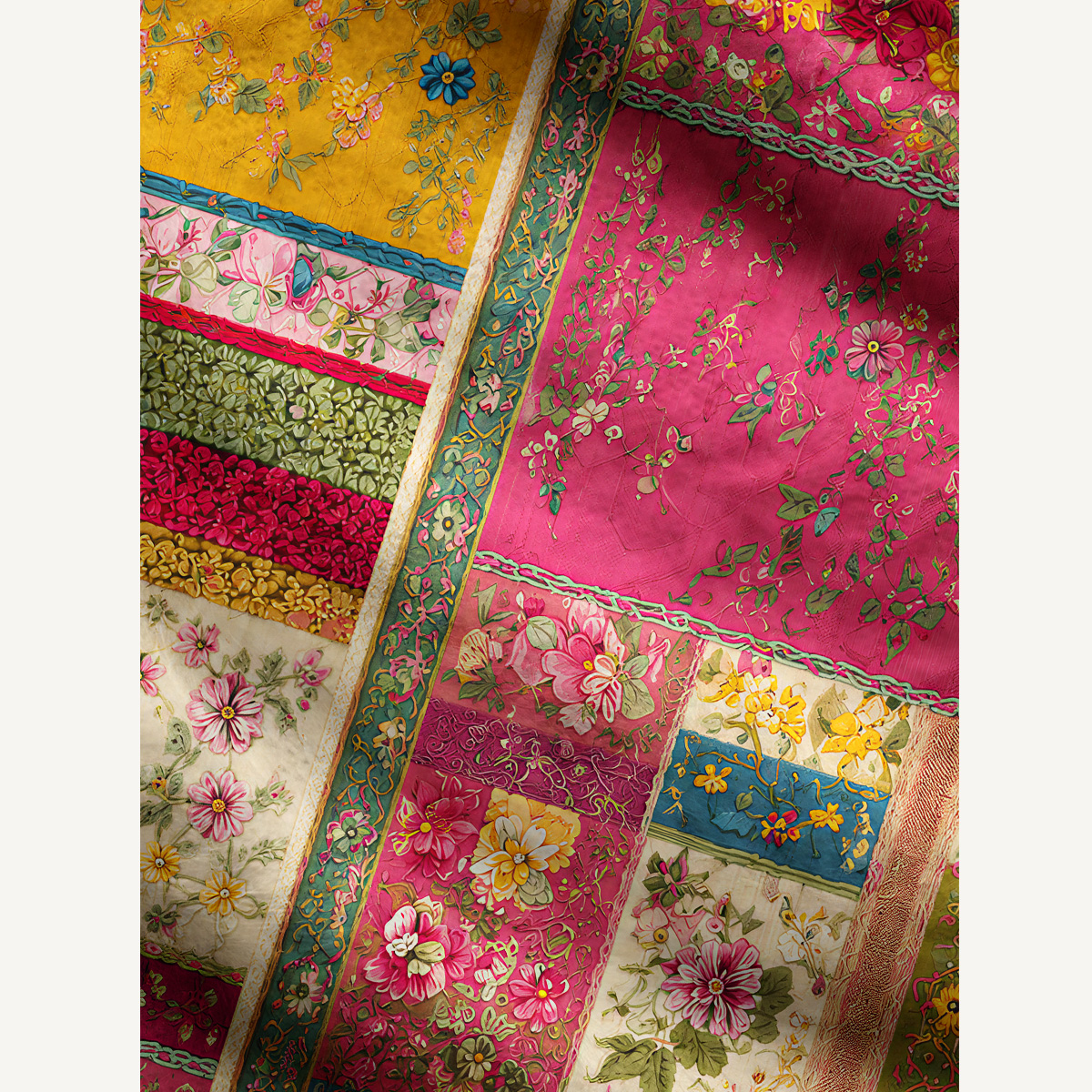 Vibrant Floral Patchwork Fuzzy Crewneck Sweater