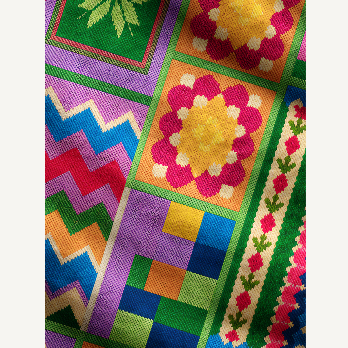 Colorful Geometric Patchwork Print Fuzzy Crewneck Sweater