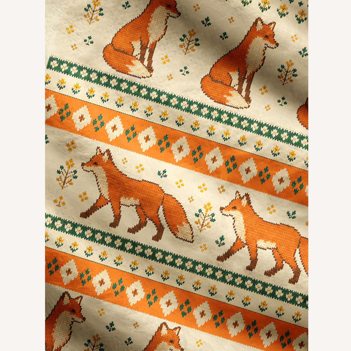 Woodland Fox Geometric Folk Fuzzy Crewneck Sweater