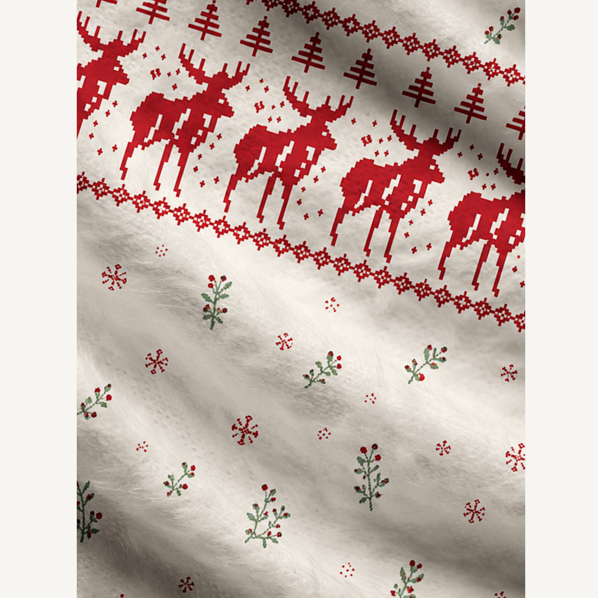 Snowy Reindeer Fair Isle Fuzzy Crewneck Sweater