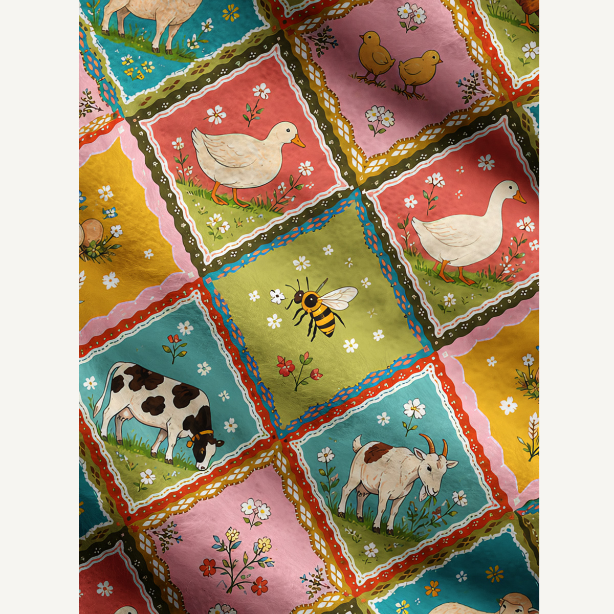 Cozy Countryside Farm Animal Patchwork Fuzzy Crewneck Sweater