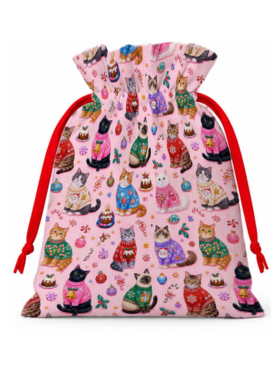 Christmas Sweater Cats Holiday Reusable Christmas Drawstring Gift Bag
