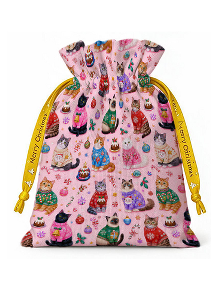 Christmas Sweater Cats Holiday Reusable Christmas Drawstring Gift Bag
