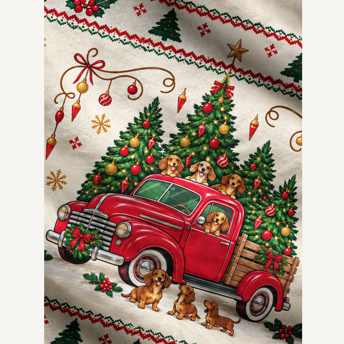 Christmas Dachshund Truck Fuzzy Crewneck Sweater