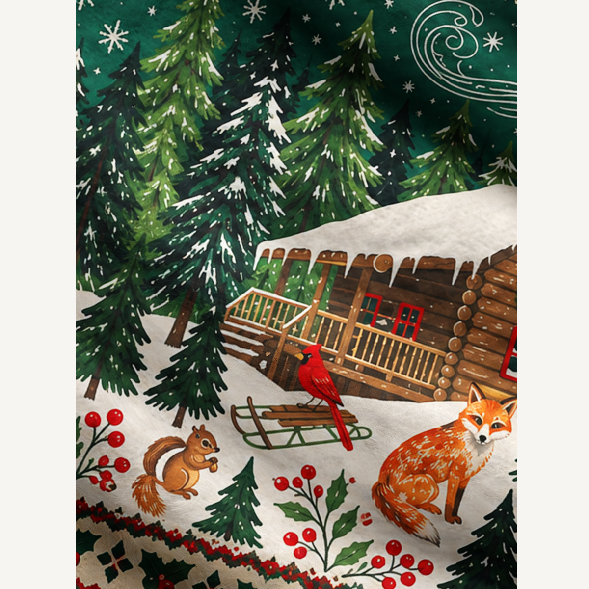 Christmas Cabin & Woodland Animals Fuzzy Crewneck Sweater