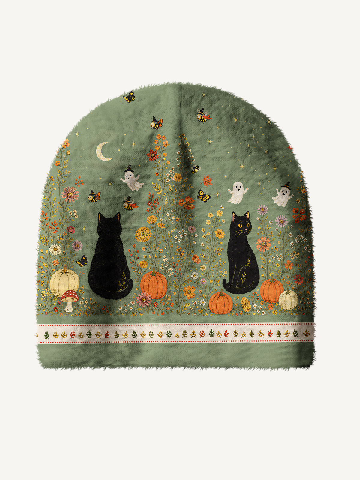 Twilight Pumpkin Garden Black Cat Cozy Fuzzy Beanie