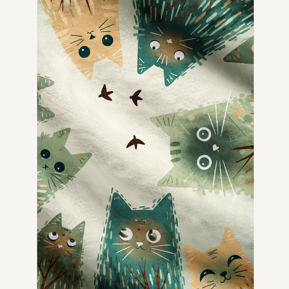 Whimsical Woodland Cats Fuzzy Crewneck Sweater