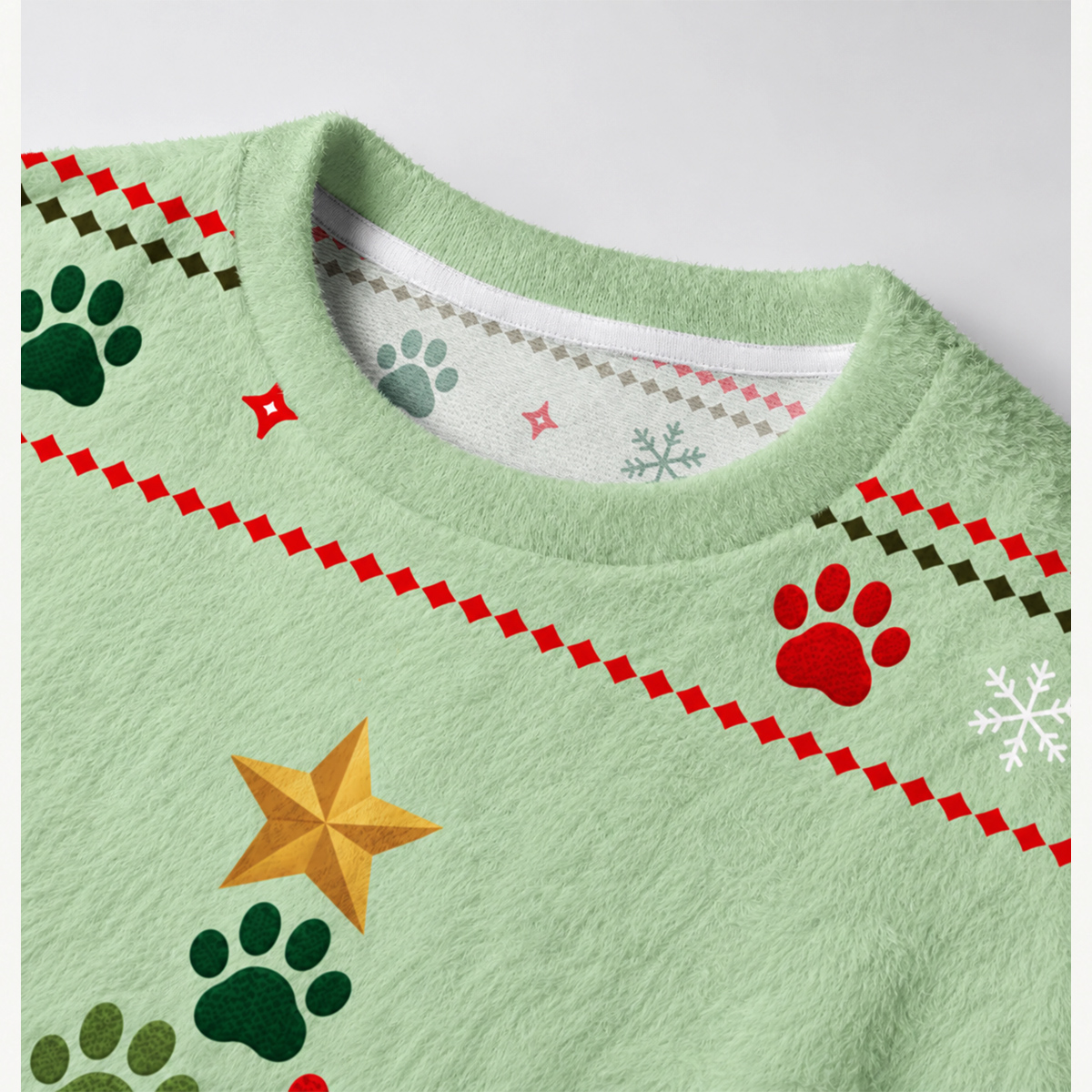 Cat Paw Print Christmas Tree Fuzzy Crewneck Sweater