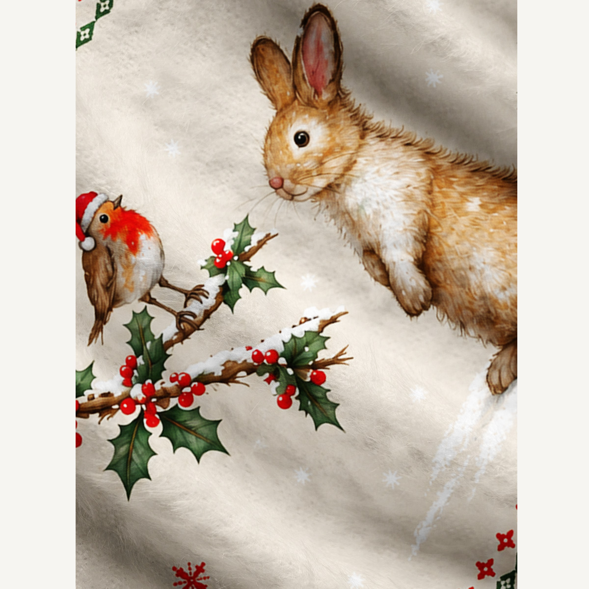 Christmas Robin & Bunny Fuzzy Crewneck Sweater
