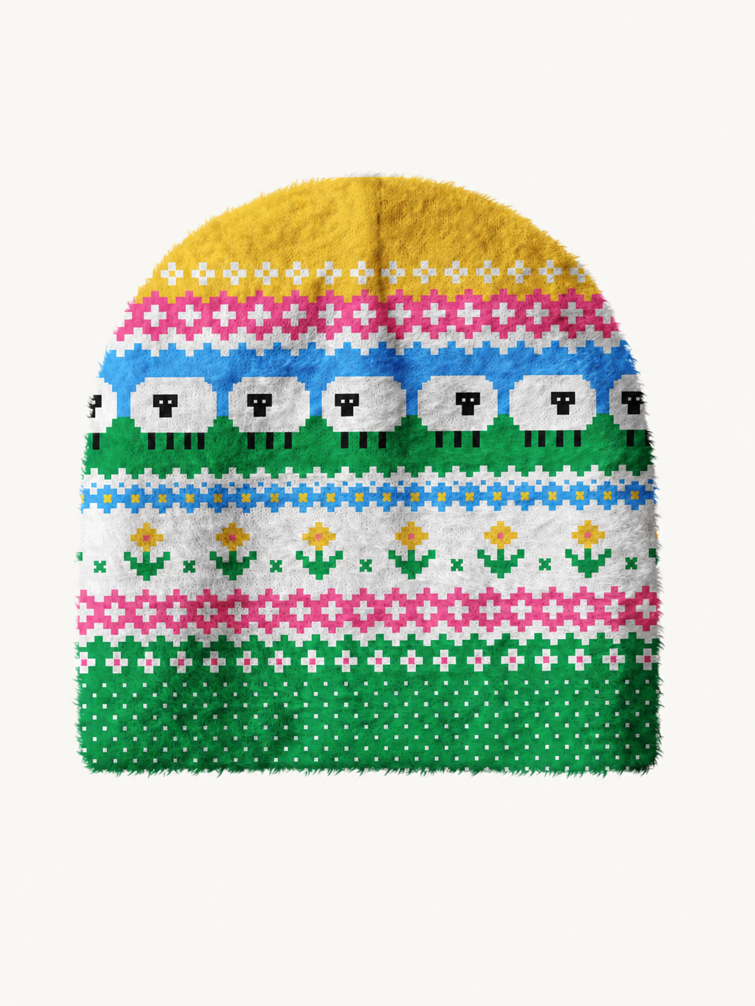 Meadow Sheep Fair Isle Cozy Fuzzy Beanie